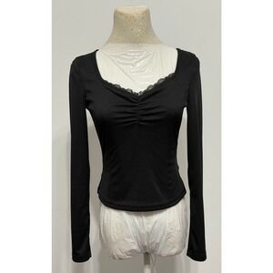 Romwe Womens Ribbed Knit‎ Ruched, Lace Trim Babydoll Top sz S Black Y2K Coquette